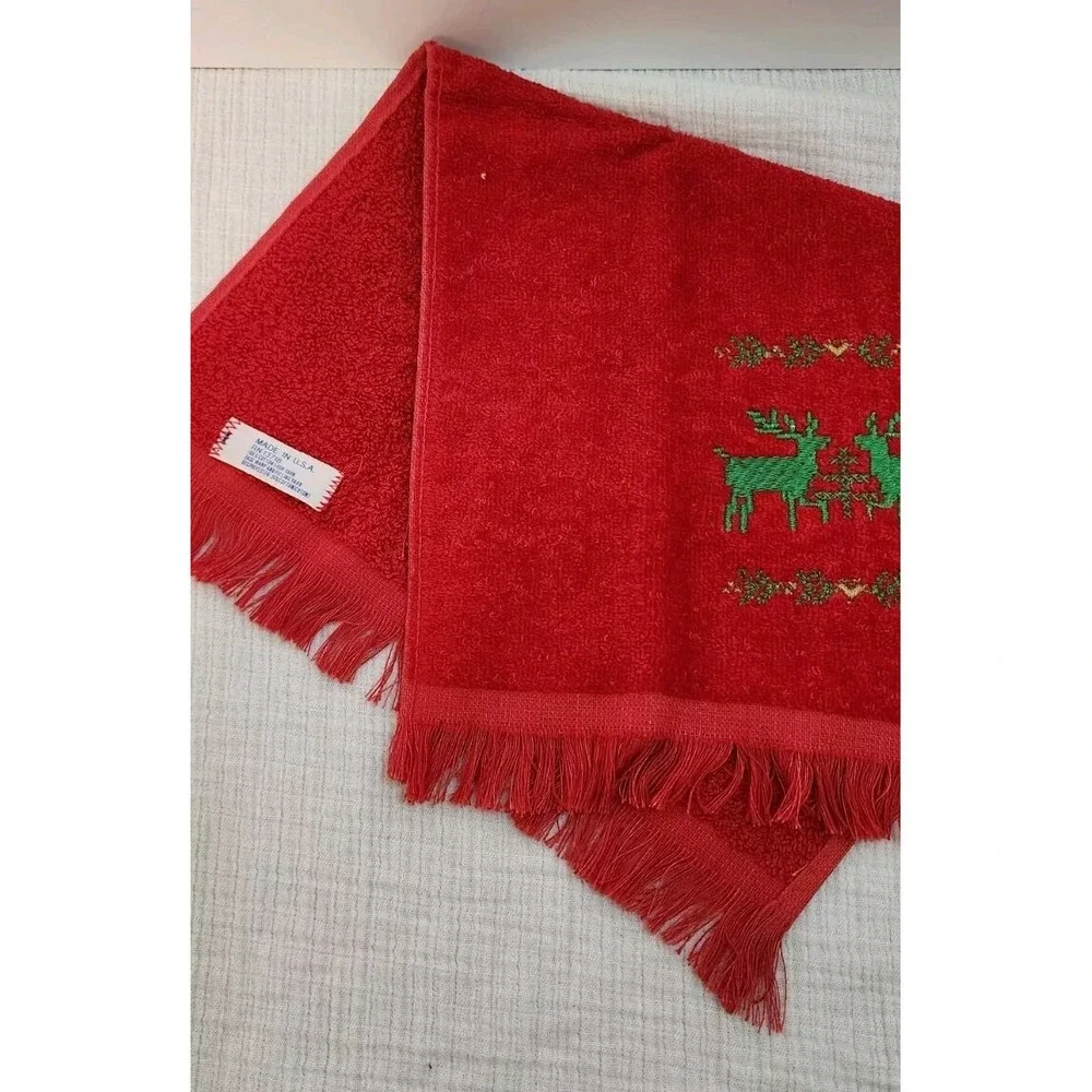 Vintage Lot of‎ 4 RED GREEN Terry Christmas Hand Towels Candle Reindeer Noel